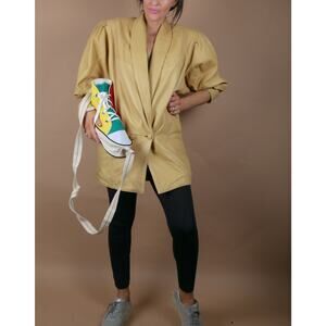 Vintage Butter Yellow Lamb Lather Double Breasted Long Blazer Jacket Size S